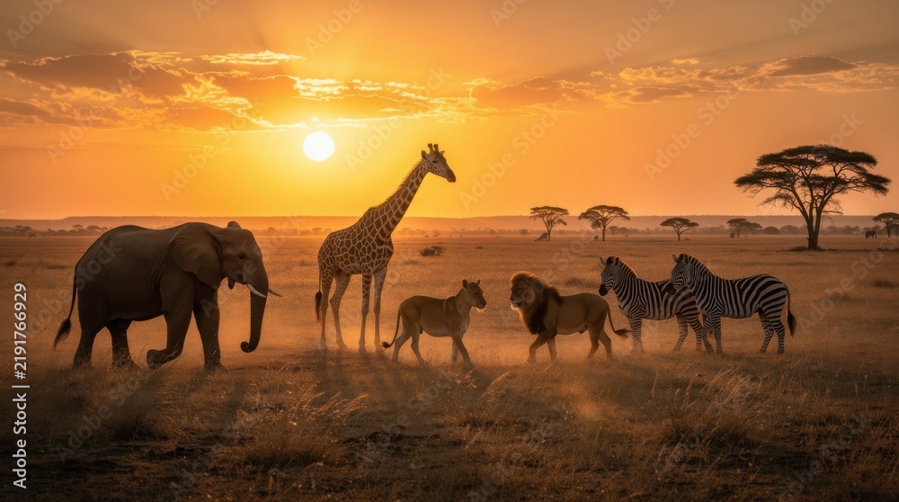 Fototapeta premium African savannah at sunset with an elephant, giraffe, lion, lioness, and zebras gathered on the grassland beneath a golden sky.