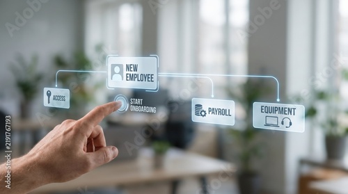 AI Back Office Automation - A hand presses a digital onboarding button, initiating access, payroll, and equipment setup for a new employee in a business workflow.