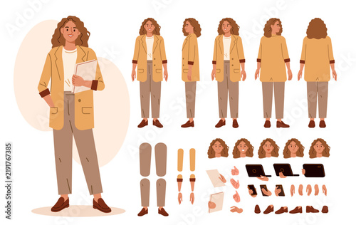 Friendly HR manager woman character for animation. Front, side, back poses and postures set. Vector illustration.