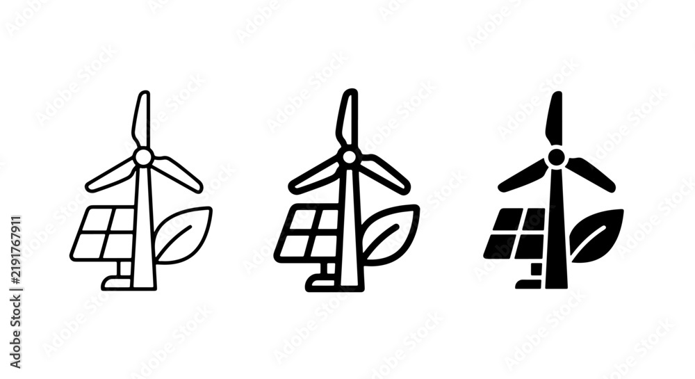 Fototapeta premium Renewable Energy Icons: Wind Turbine, Solar Panel, Leaf. Eco-friendly Power Concepts