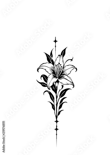 Botanical lily flower vector tattoo art with cyber lines.