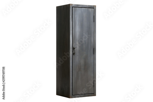 Tall vintage metal locker cabinet with closed narrow door isolated on transparent background