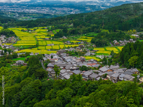 View of traditional Japanese village between rice fields and forest in summer - Magome, Gifu