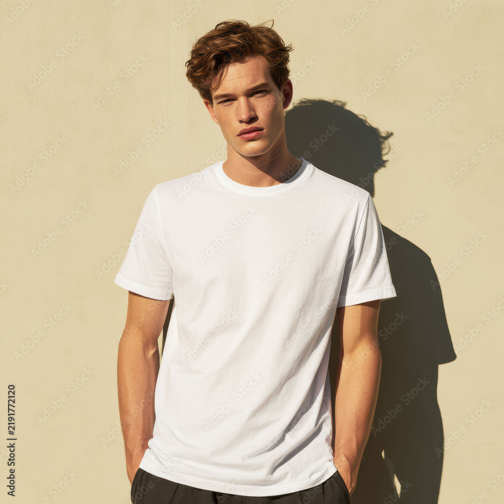 Fototapeta premium Confident men in plain white t-shirts on neutral background, perfect for fashion, lifestyle, and apparel mockup use.