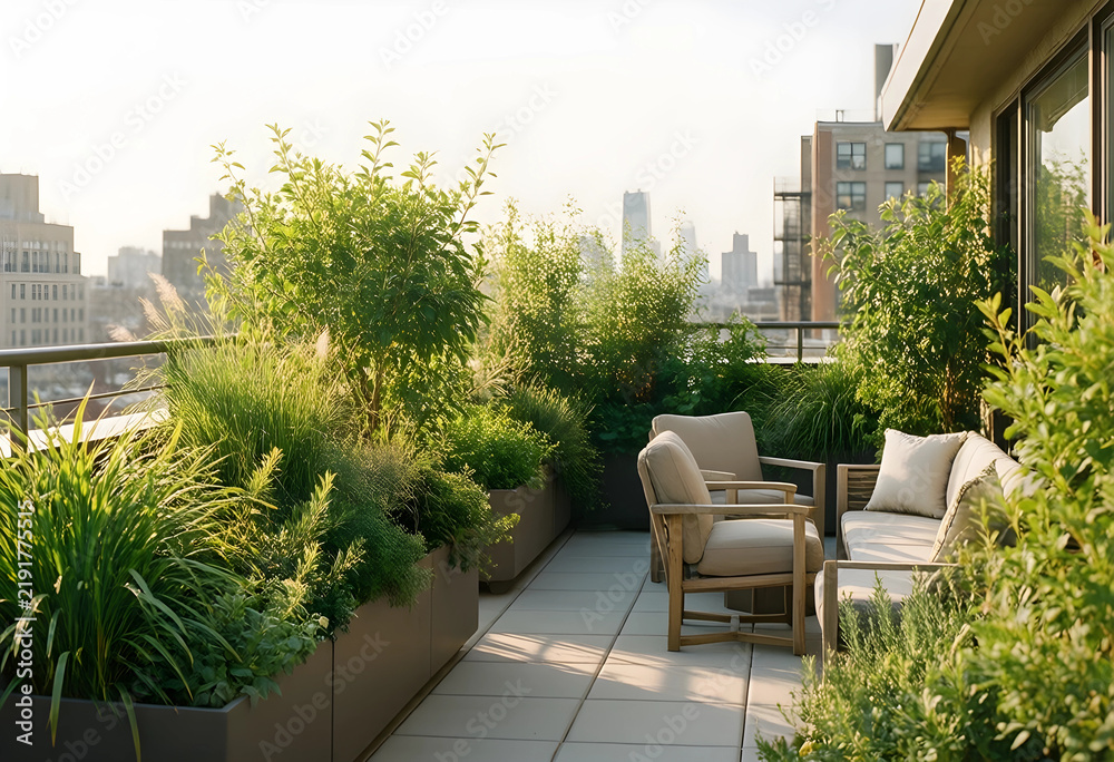 Fototapeta premium Urban gardening and sustainable city living, rooftop terrace with lush plants and comfortable outdoor furniture overlooking a metropolitan skyline at sunset