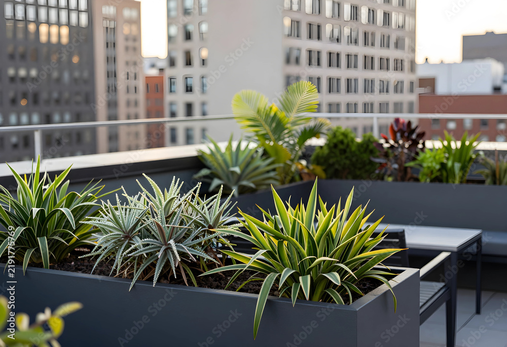 Fototapeta premium Urban gardening and sustainable city living, rooftop terrace with potted plants and modern architecture in a metropolitan environment at sunset