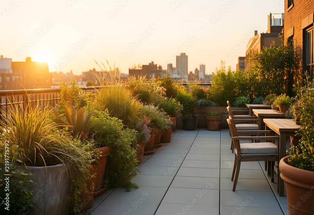 Fototapeta premium Urban rooftop garden and outdoor dining, sustainable city living and relaxation with sunset light on a terrace with potted plants and furniture