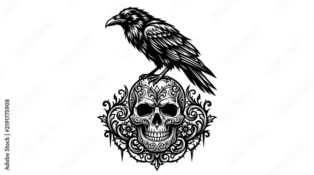 Obraz premium Gothic Raven Perched on Ornate Decorative Human Skull Vector Illustration