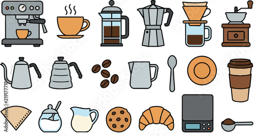 Coffee Maker Equipment Vector Icons Set with Barista Tools and Cafe Accessories