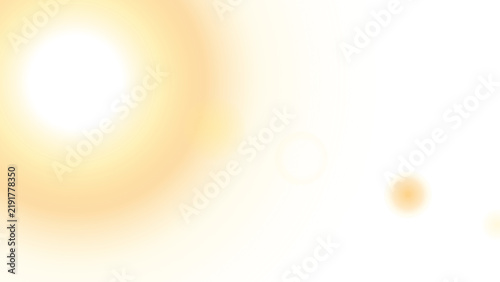 Warm sun flare overlay on white background, golden lens flare with soft bokeh light leaks, bright solar glow for photo editing and design
