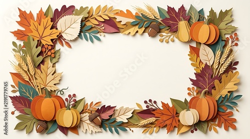 Autumn leaves and paper pumpkins border frame background for Thanksgiving design