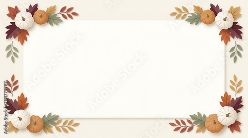 Minimalist autumn leaves and pumpkins border framing blank center for your text