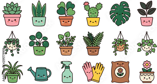 Kawaii Potted Plants and Gardening Tools Vector Icon Set Collection