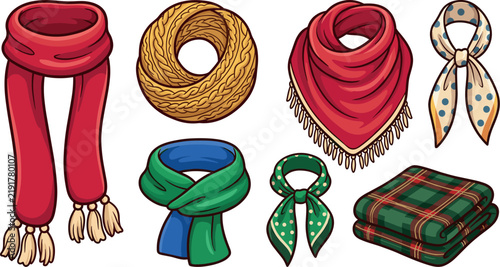 Bild auf Leinwand Winter and Autumn Scarf Vector Set Featuring Warm Knitted Neck Wear Shawls Banda