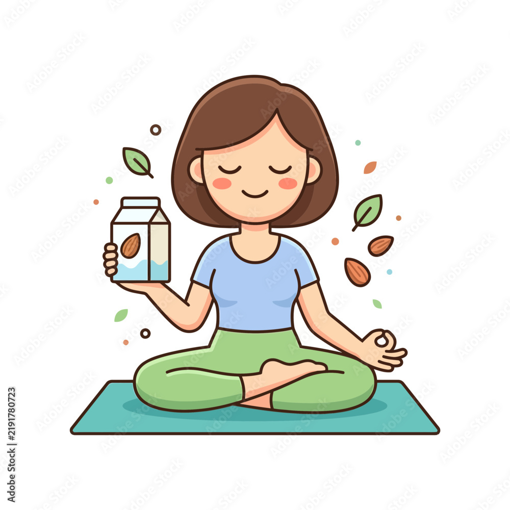 Fototapeta premium Cute Woman Meditating in Yoga Pose with Healthy Almond Milk