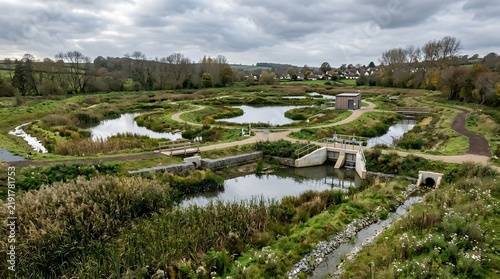 Engineered wetland ecosystem for natural water filtration and flood management in a rural landscape setting for environmental engineering