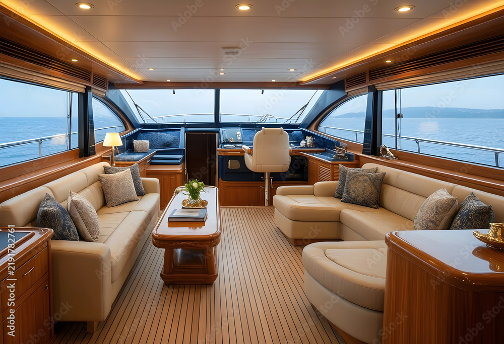 Obraz premium Luxury yacht interior wealth and travel lifestyle high-end nautical vacation modern boat lounge with leather sofas and ocean view from large windows