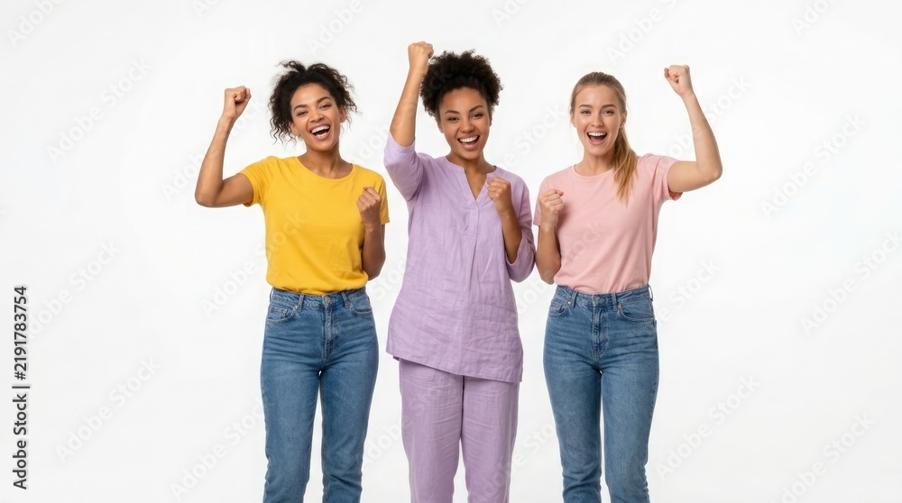 Obraz premium Three happy and diverse young women celebrate a victory together with arms raised high on a plain white background