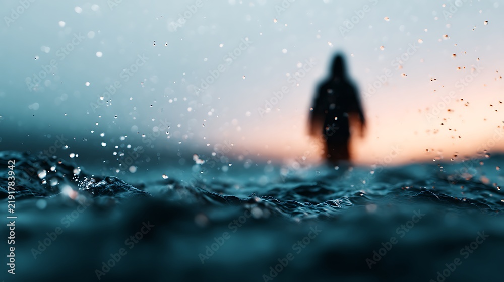 Obraz premium A blurred silhouette of a person stands in water with droplets in the foreground, set against a soft gradient sky at dusk or dawn.