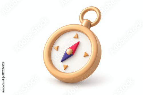Gold compass 3d icon isolated on white background, navigation and travel concept, cute cartoon style direction finder
