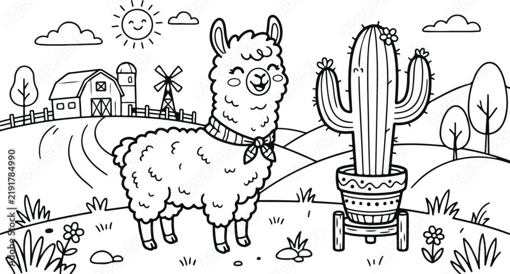 Fototapeta premium Cute llama wearing a scarf standing beside a potted cactus in a farm landscape