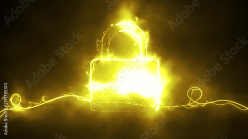 Glowing padlock animation featuring fiery yellow electric energy lines on dark background. Includes 4k animation background.