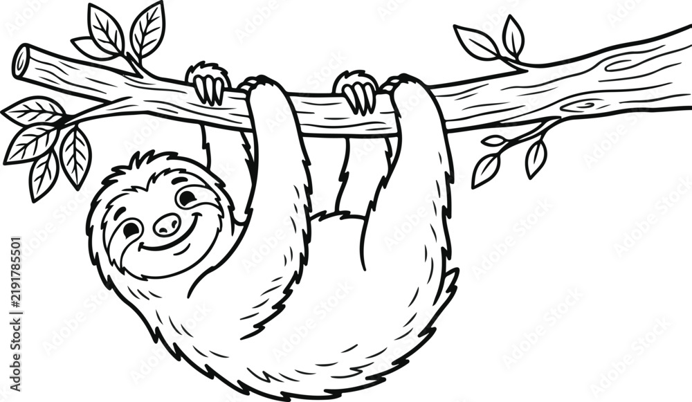 Fototapeta premium Cute sloth hanging from a tree branch line art illustration
