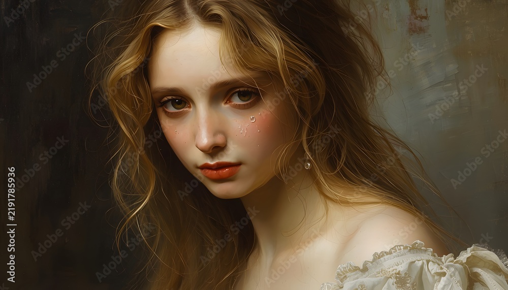 Fototapeta premium A portrait of beautiful sad gilr isolated on dark background