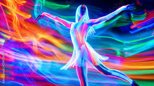 Futuristic dancer surrounded by rainbow neon light trails, motion blur, energetic, cyber rave style