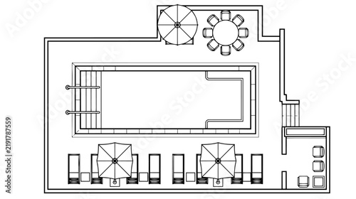 Swimming Pool Top View with Outdoor Furniture Architectural CAD Plan