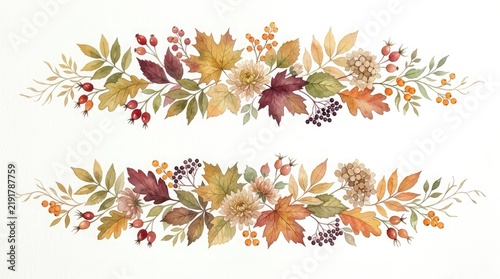 Beautiful watercolor painting of an autumn foliage border featuring colorful leaves and bright red berries on a clean white backdrop