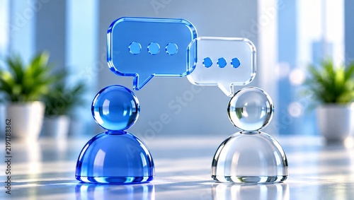 3D transparent glass human figures with speech bubbles engaging in business communication and dialogue, modern office background concept