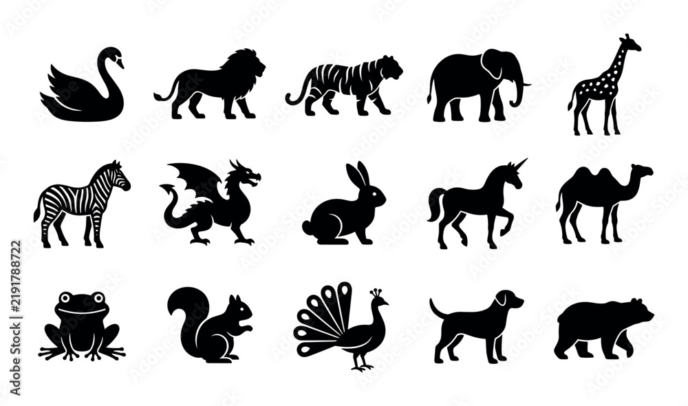 Fototapeta premium Carousel animal UI elements with swan, lion and elephant for presentation design in silhouette style