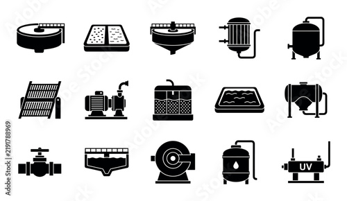 Wastewater treatment vector icons with settling tanks, clarifiers and sludge digesters for infographic design in solid glyph style