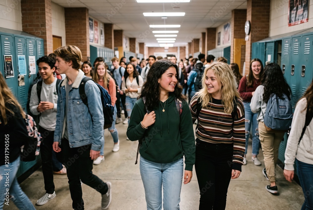 Fototapeta premium Two girls walk side by side through a crowded school hallway. Students chat and move around lockers as they navigate between classes. It is a typical school day