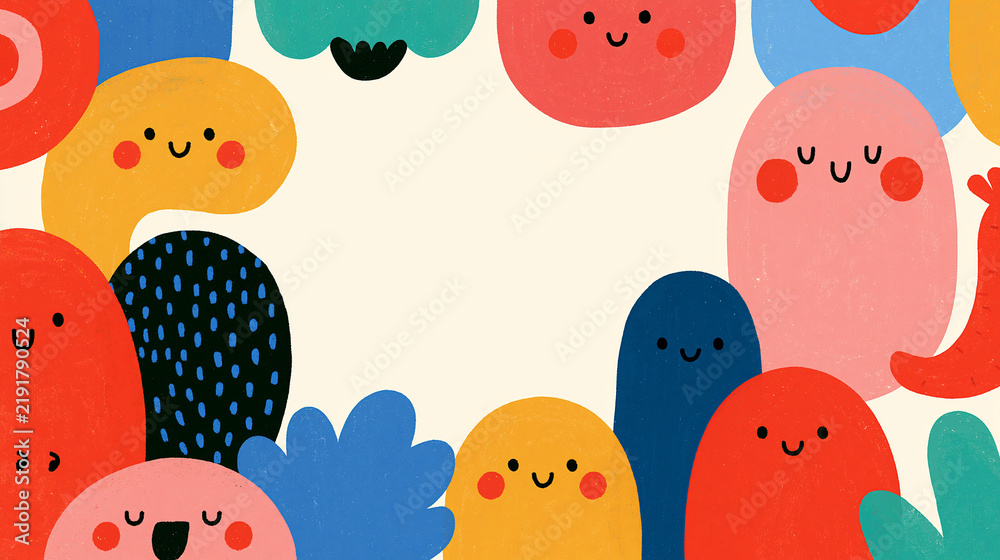 Fototapeta premium Colorful, playful cartoon characters with smiling faces on a light background.