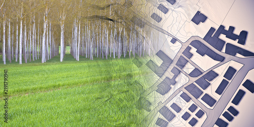 Konstfotografi Imaginary topographic cadastral map and land parcels of territory with trees on