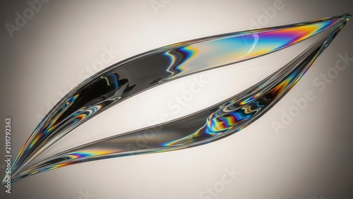 Two sleek, curved objects displaying vibrant iridescent light patterns against a soft background.