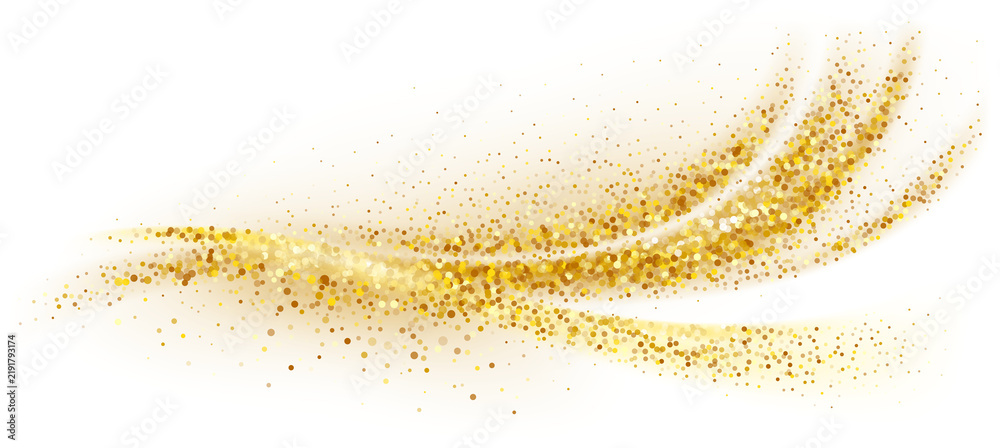 Obraz premium Golden sparkling decoration. Magical dust wave on transparent background. Gold glitter abstract wave. Luxury festive decoration for any holidays