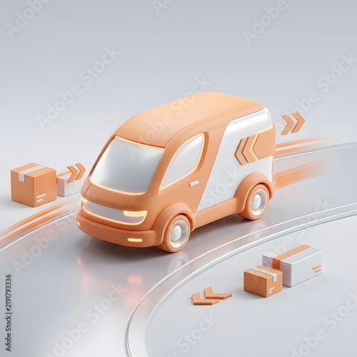 Delivery van driving with cardboard boxes