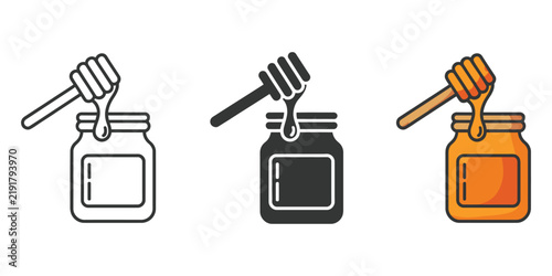 Honey jar, vector icon set with honey dipper for breakfast menus, healthy food blogs, natural sweetener, organic food, nutrition, EPS10.  