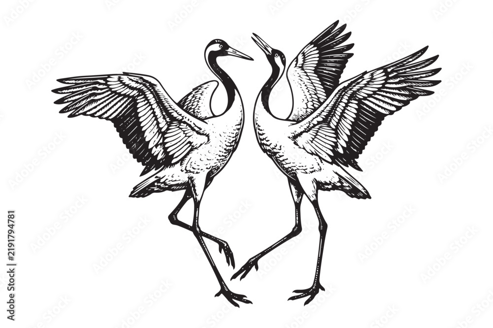 Obraz premium Two dancing red crowned cranes with wings spread, a pair of graceful cranes depicted