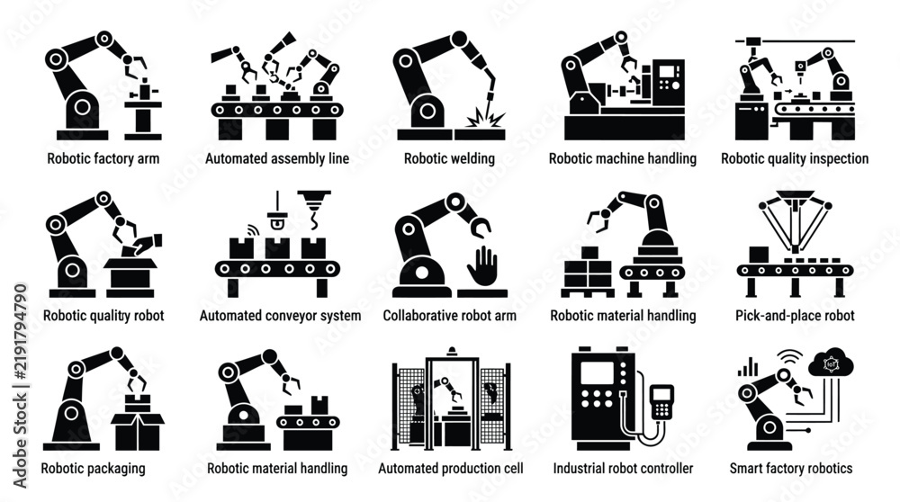 Fototapeta premium Industrial robotic arm icons illustrating automated assembly lines and smart factory manufacturing processes for heavy production facilities.