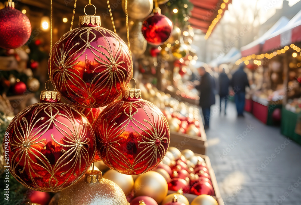 Obraz premium Christmas market shopping and holiday season celebration, red and gold baubles hanging at a festive street fair with blurred crowds in the background