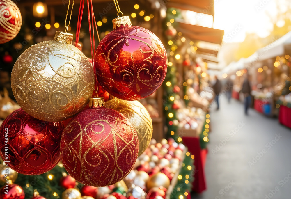 Obraz premium Christmas market shopping and holiday celebration, red and gold baubles hanging at a festive street fair with blurred lights and winter atmosphere
