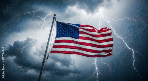 American flag waving bravely against a dramatic stormy sky background