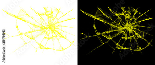 Foto Broken glass texture with yellow cracks, shattered window effect on black and wh