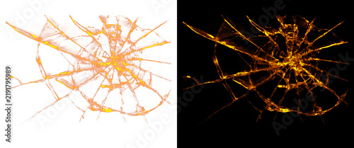 Quadro su tela Golden shattered glass texture, broken window shards with glowing amber cracks,