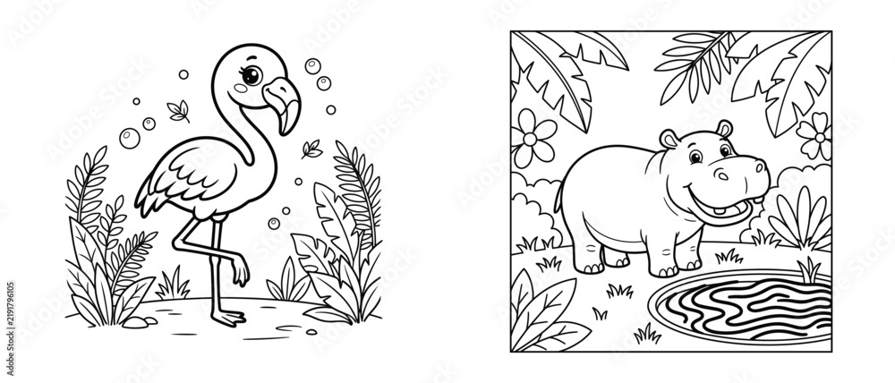Fototapeta premium Coloring page set featuring a cute flamingo standing on one leg and a happy hippopotamus standing near a pond in the tropical jungle