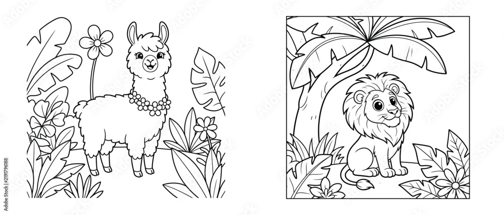 Fototapeta premium Coloring page set featuring a cute llama wearing a flower necklace and a happy lion cub sitting under a palm tree in the jungle
